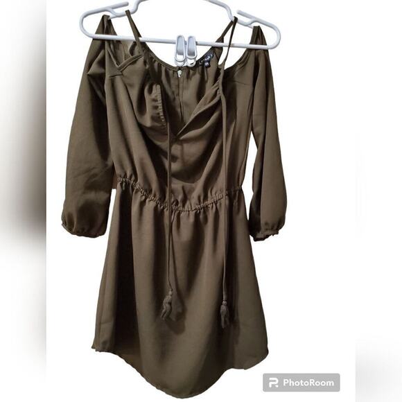 Blush Cold Shoulder Olive Mini Dress M Long Sleeve Boho Party - Picture 1 of 7